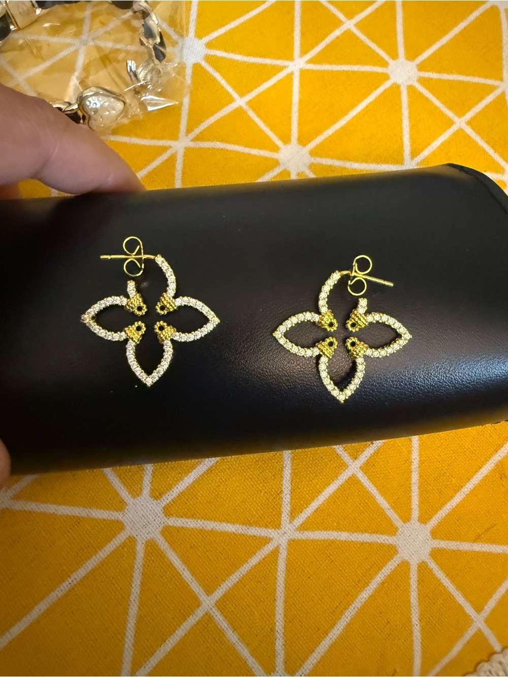 Gold Floral Crystal Drop Earrings - 4-Petal Design